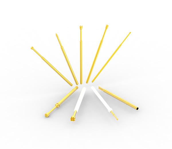 ICT/FCT Test Probes series including RC039, RC050, RC075, RC100, RC125 with various tip styles displayed on a test fixture