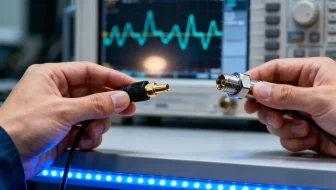 An engineer in a modern electronics lab evaluates different RF test probe and connector options on a workbench, with professional test equipment in the background.