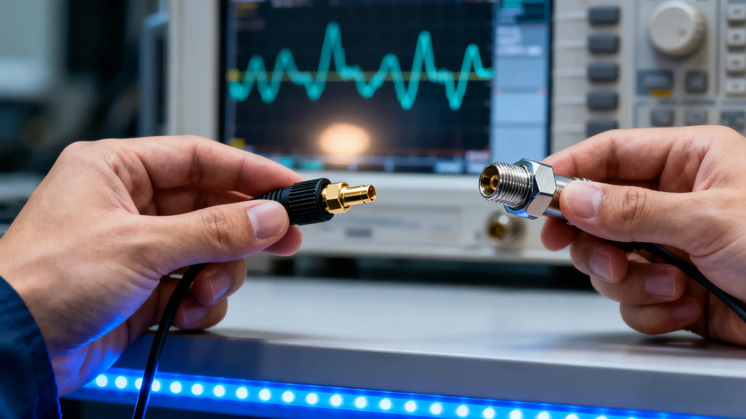 An engineer in a modern electronics lab evaluates different RF test probe and connector options on a workbench, with professional test equipment in the background.