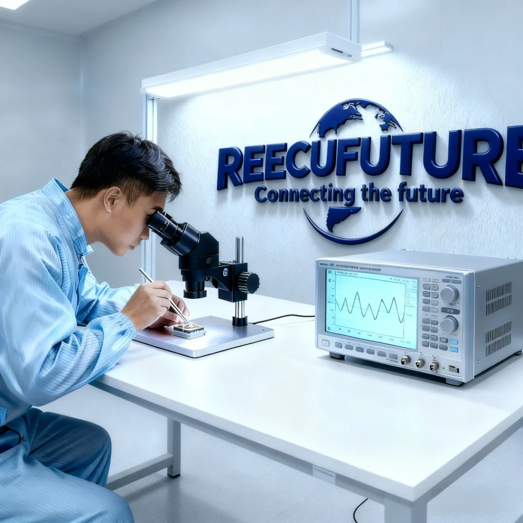 A REECUFUTURE quality engineer performs precision measurements on RF components using advanced network analyzer equipment in our certified laboratory.