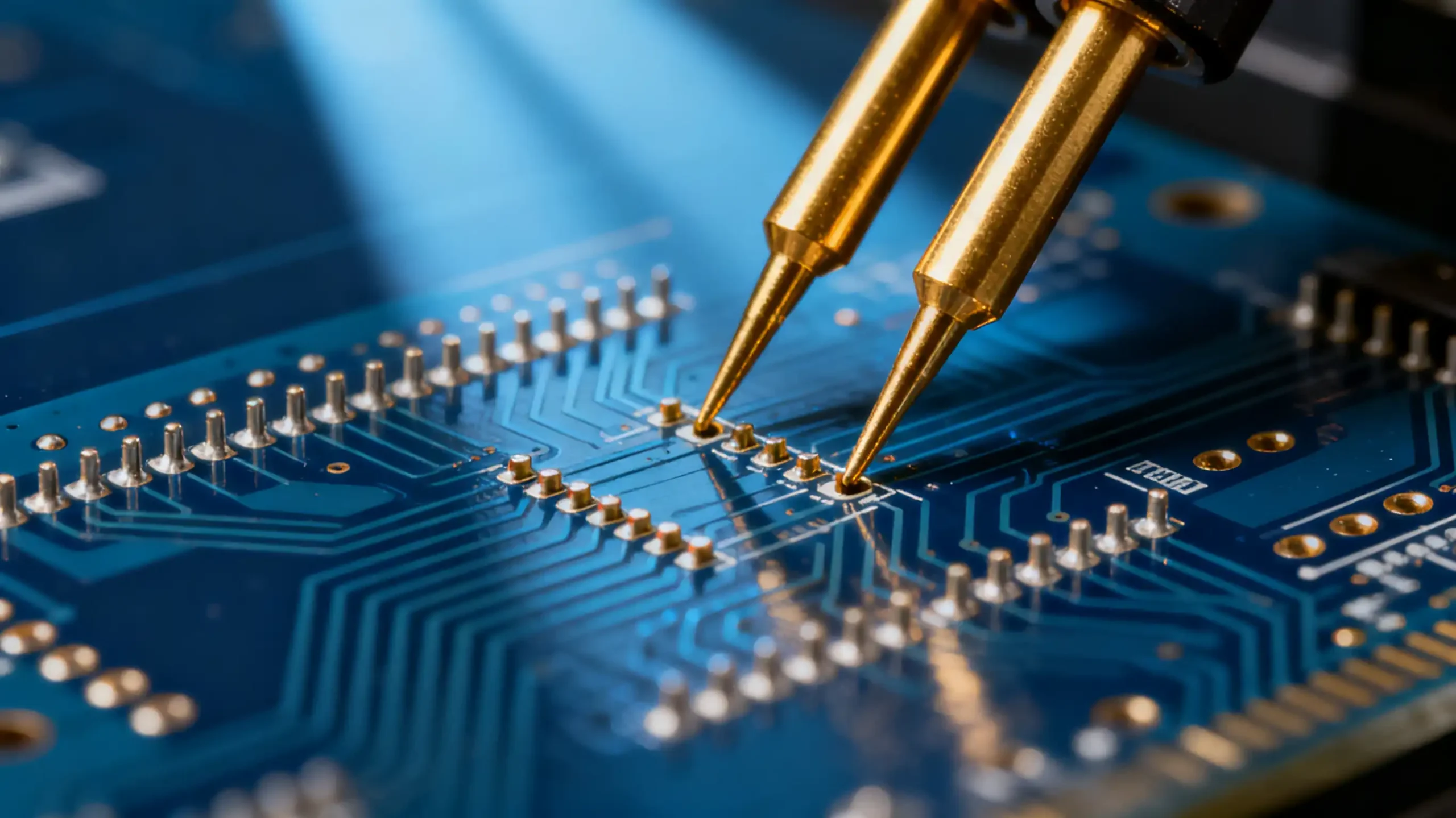 High-precision test probes making contact with SMT PCB gold pads for accurate functional testing, showcasing crown and serrated probe tips in macro detail