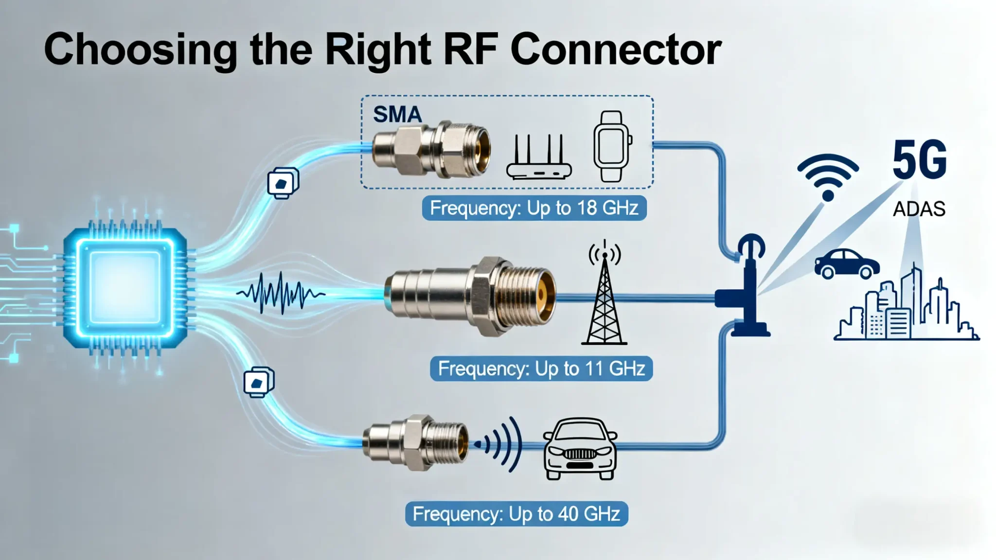 An illustration comparing RF connector types: SMA for IoT, N-Type for 5G infrastructure, and 2.92mm for automotive radar, showing their signal flow and key frequency specifications