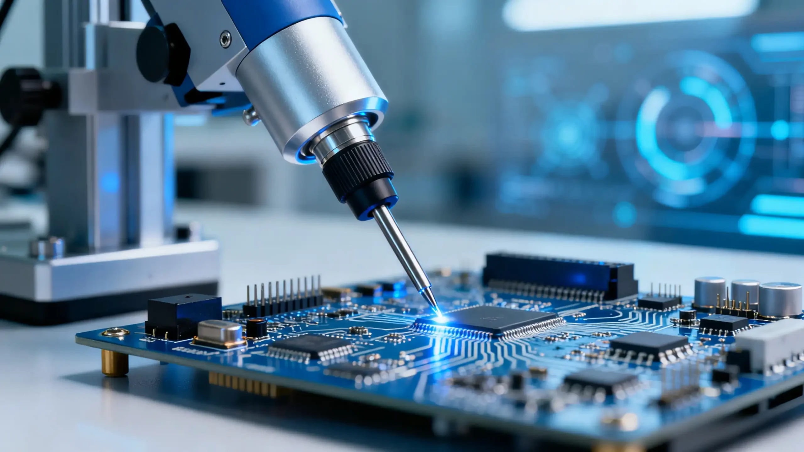 Precision RF test probe making contact with circuit board in advanced electronics laboratory setting