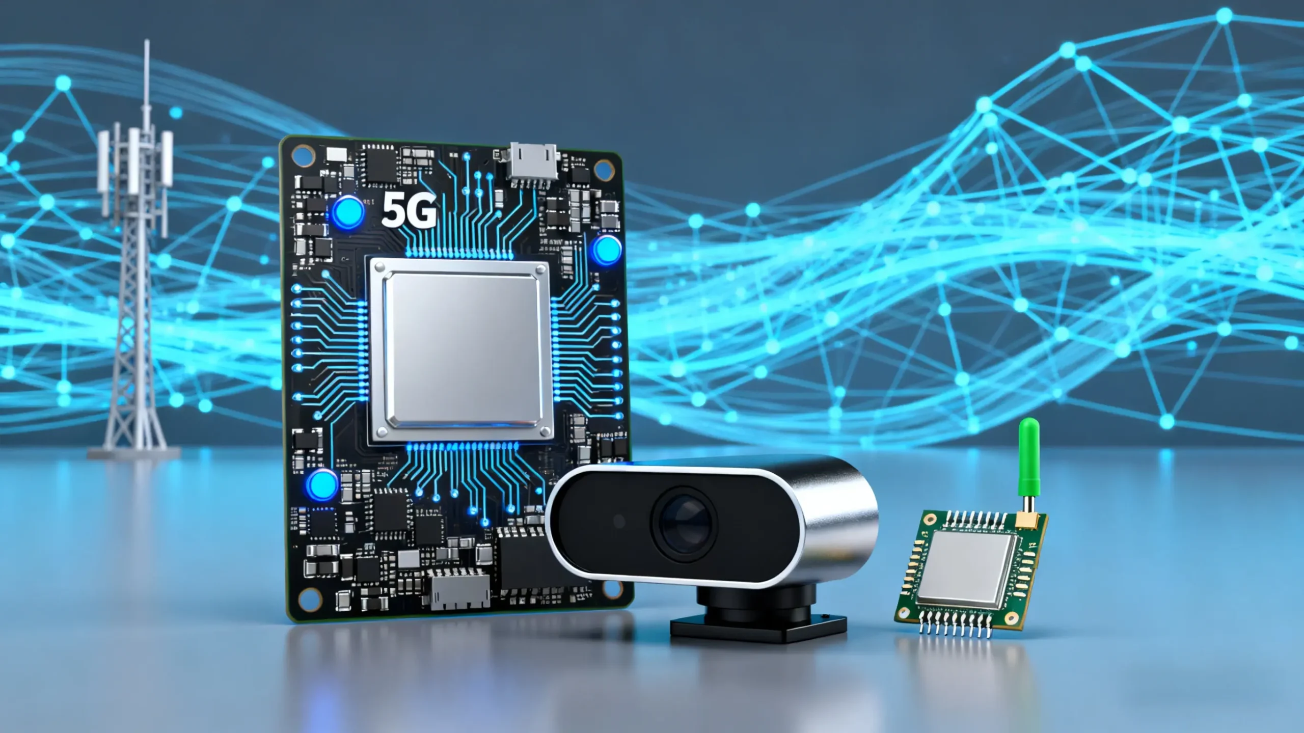 A technical collage illustrating 5G infrastructure, an automotive radar sensor, and IoT devices, highlighting the role of RF connectors
