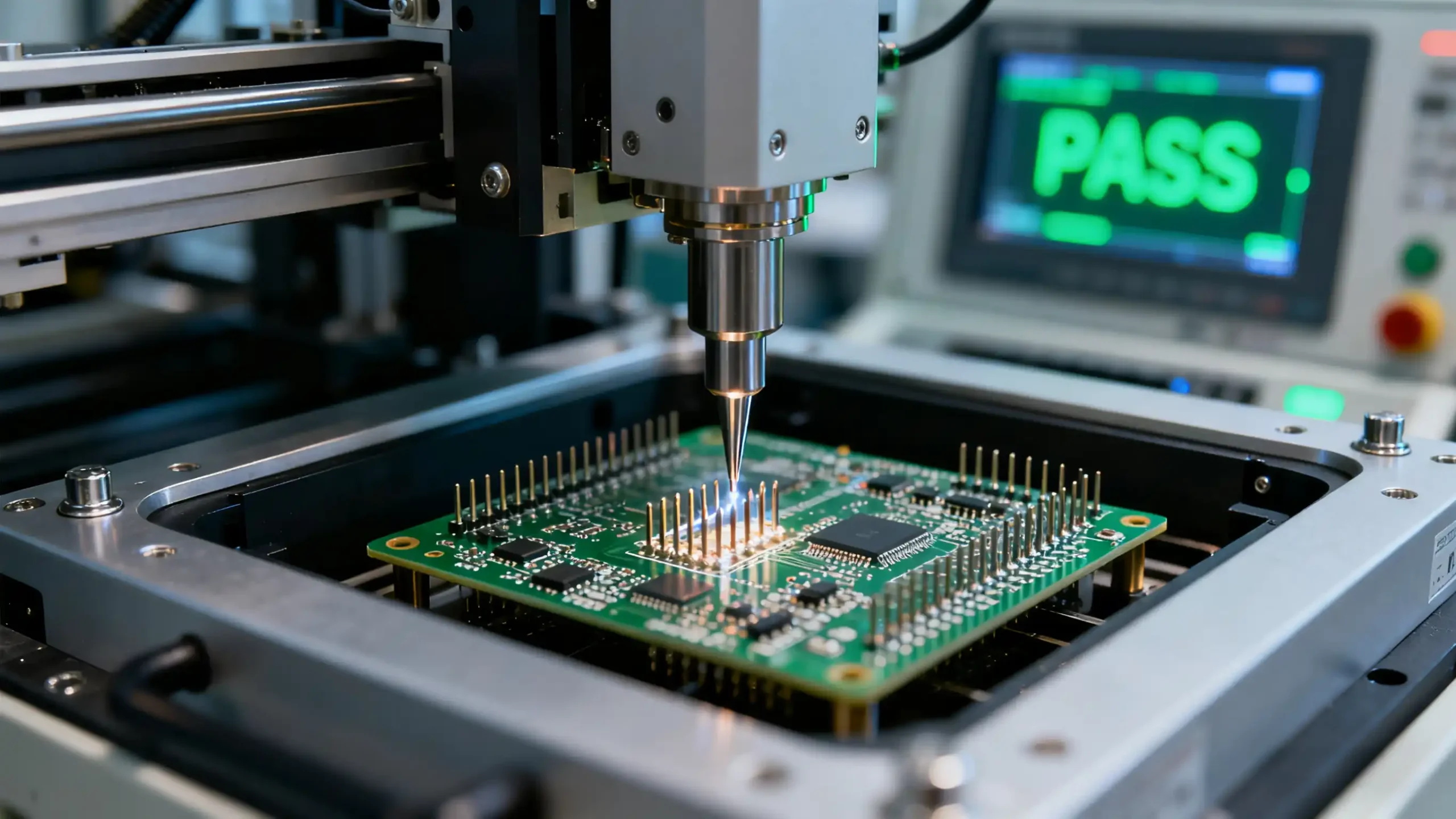 Close-up of high-performance test probes in a fixture contacting a PCB during automated in-circuit testing, symbolizing reliability and efficiency