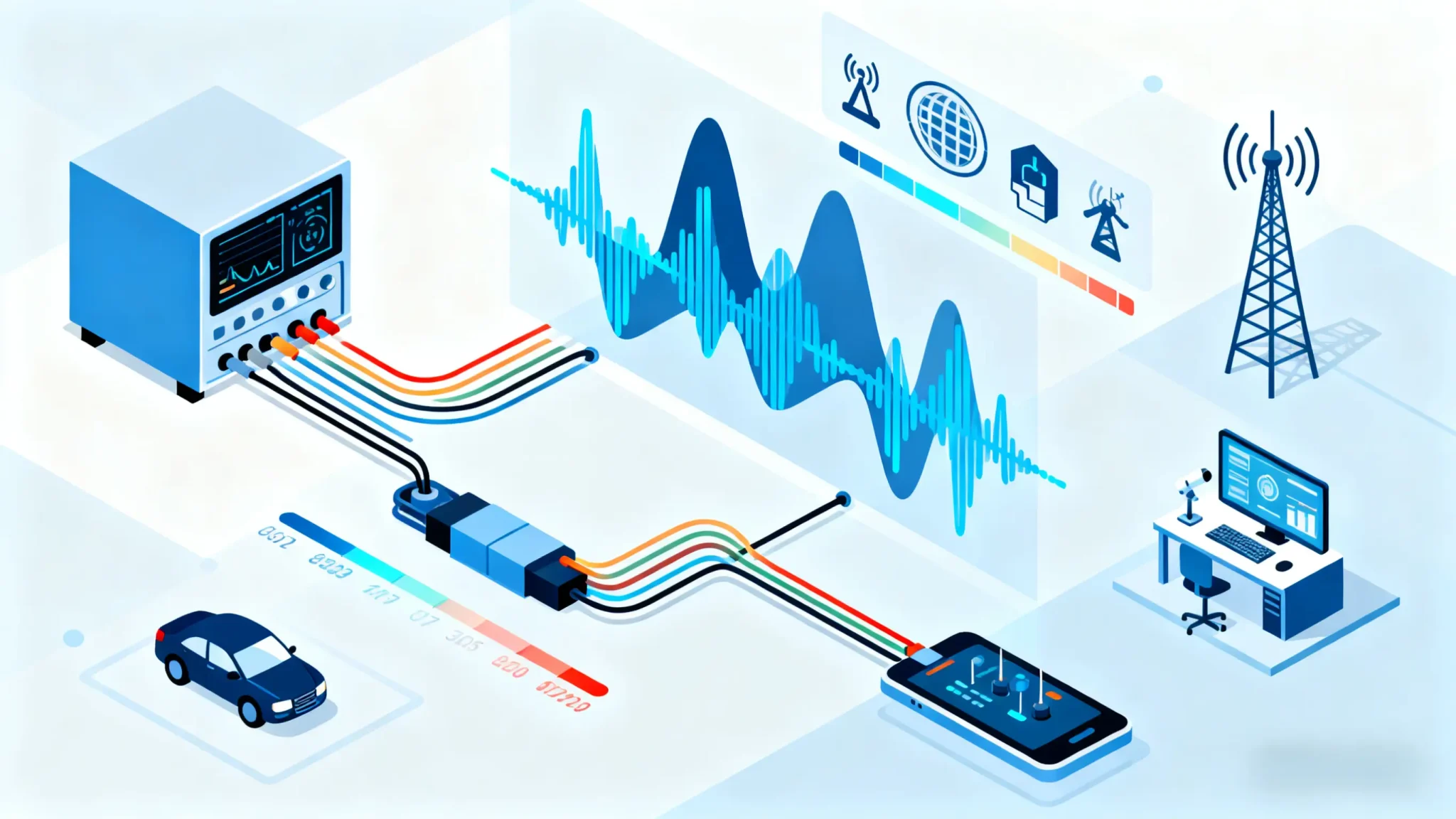 RF cable assembly selection guide showing signal paths, frequency ranges, and application scenarios.