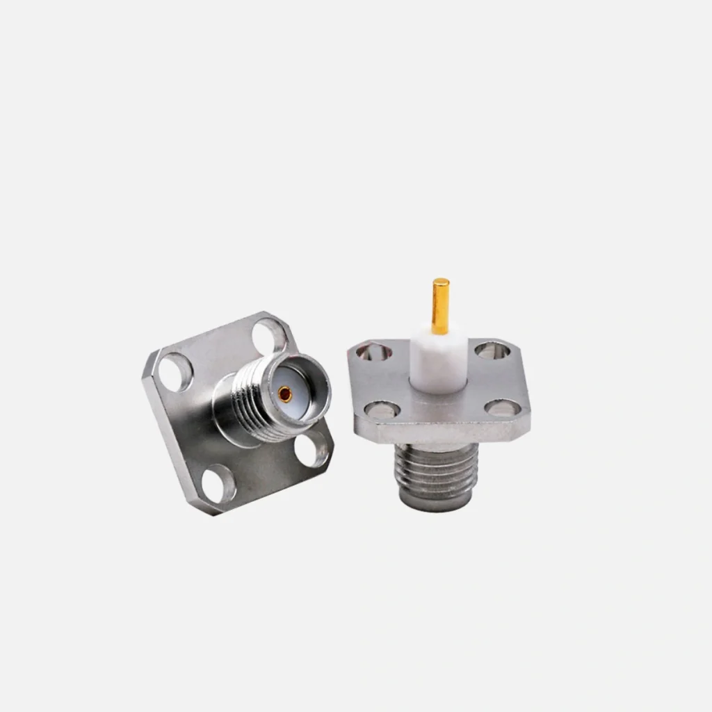 SMA Female Flange Mount RF Connector - 4 Hole Flange, Stainless Steel, 50 Ohm