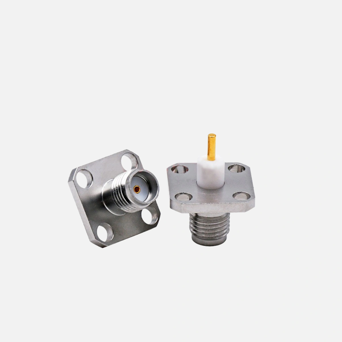 SMA Female Flange Mount RF Connector - 4 Hole Flange, Stainless Steel, 50 Ohm