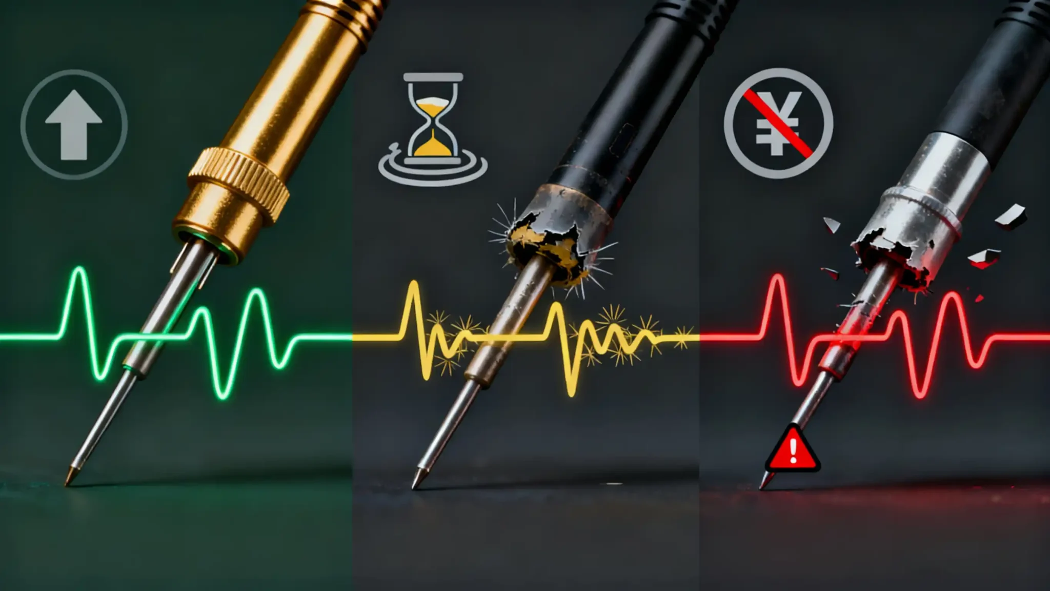 Diagram comparing three test probe states: a new probe with a smooth green signal, a worn probe with a jagged yellow signal, and a broken probe with a red interrupted signal