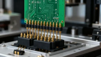 Close-up of a gold-plated double-row pogo pin connector making reliable contact with a PCB in an automated test fixture, showcasing precision engineering for electrical testing.