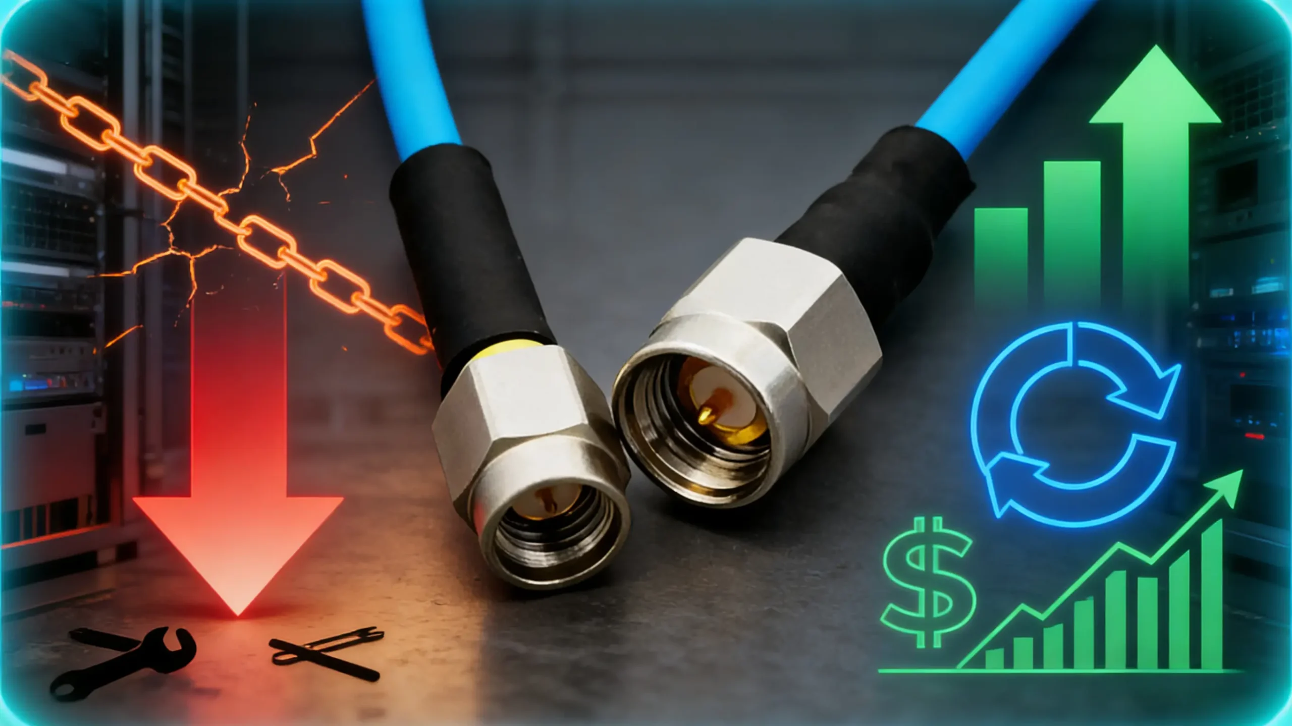 Durable RF cable assembly product shown against a conceptual background comparing high maintenance costs versus reliable, cost-saving operation.