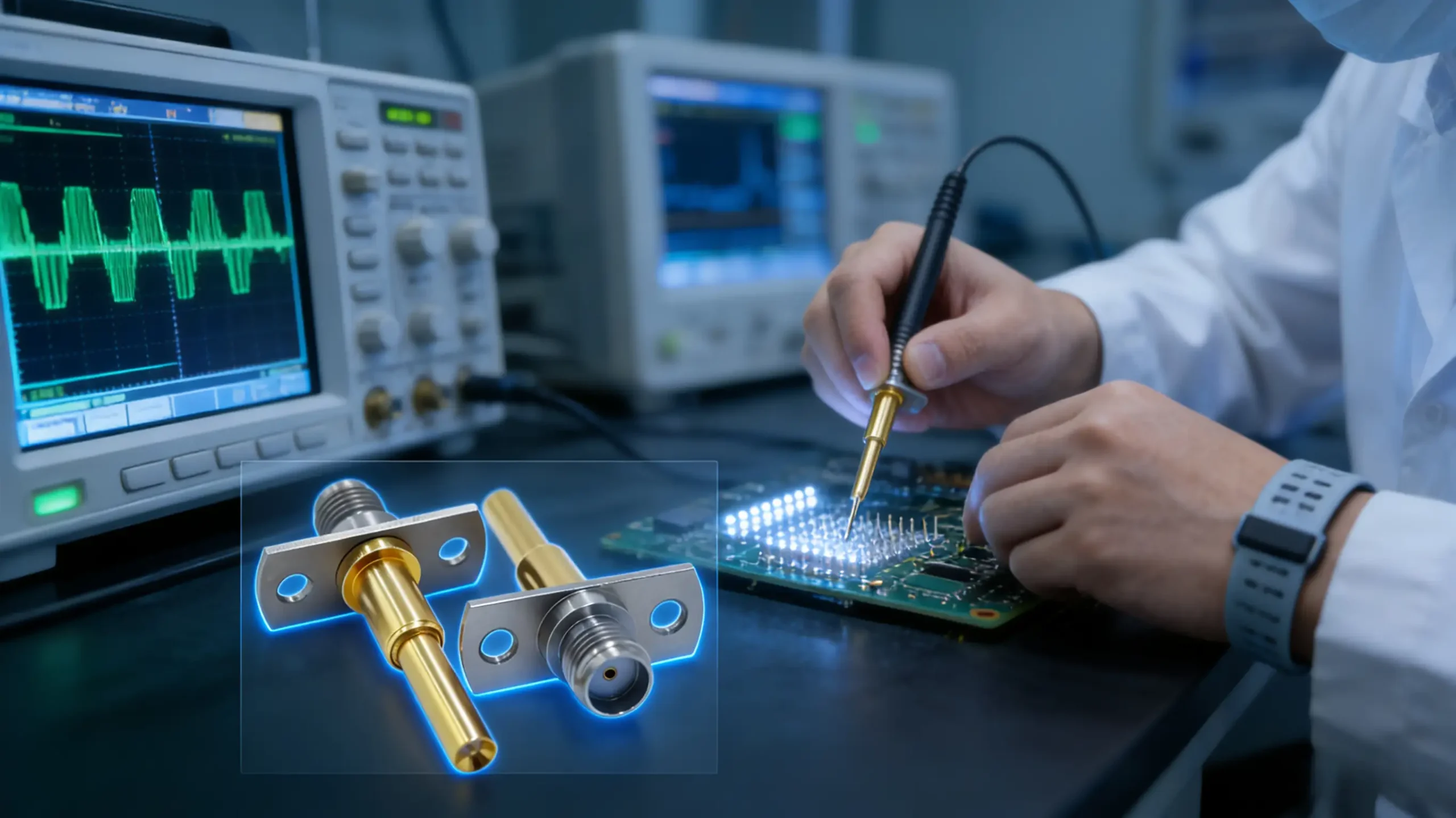 A high-precision RF test probe in use within a modern electronics lab, testing a PCB with clear signal waveforms displayed on an oscilloscope screen.