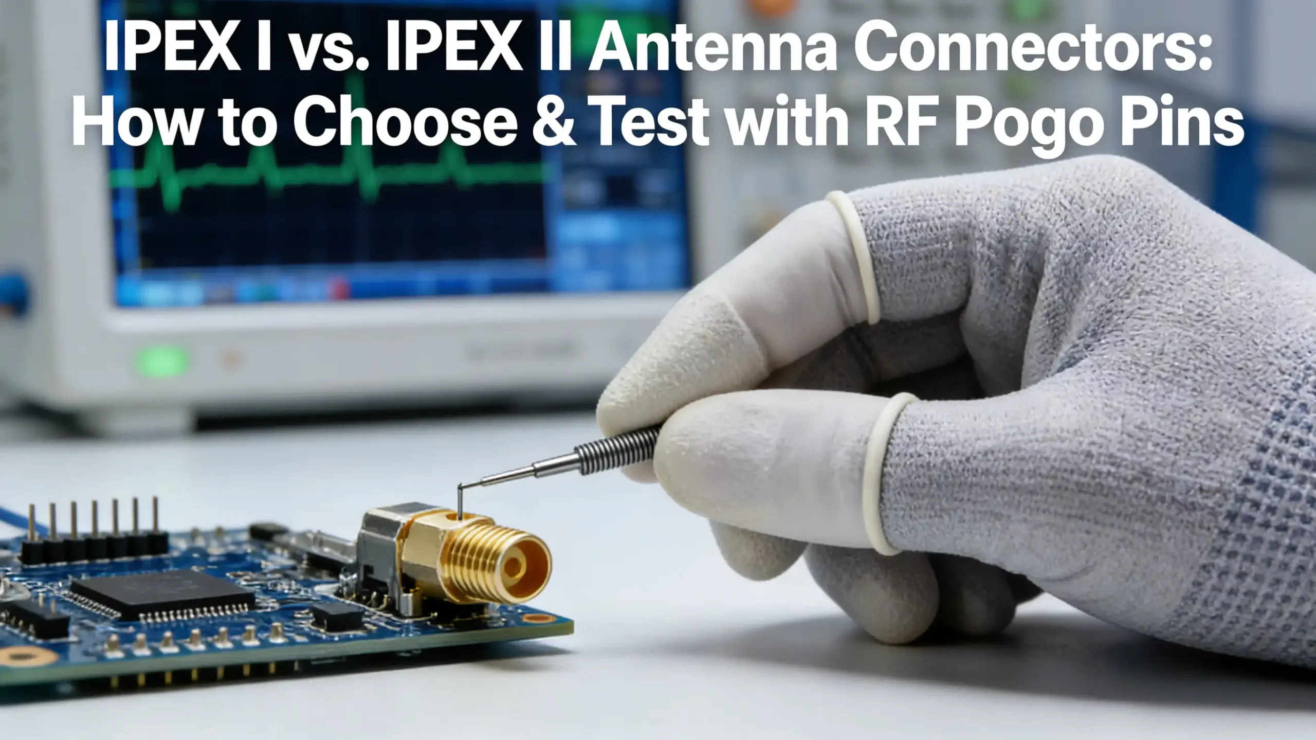 Side-by-side comparison of IPEX generation I and generation II antenna connectors with an RF spring-loaded test probe aligned above, on a technical background.