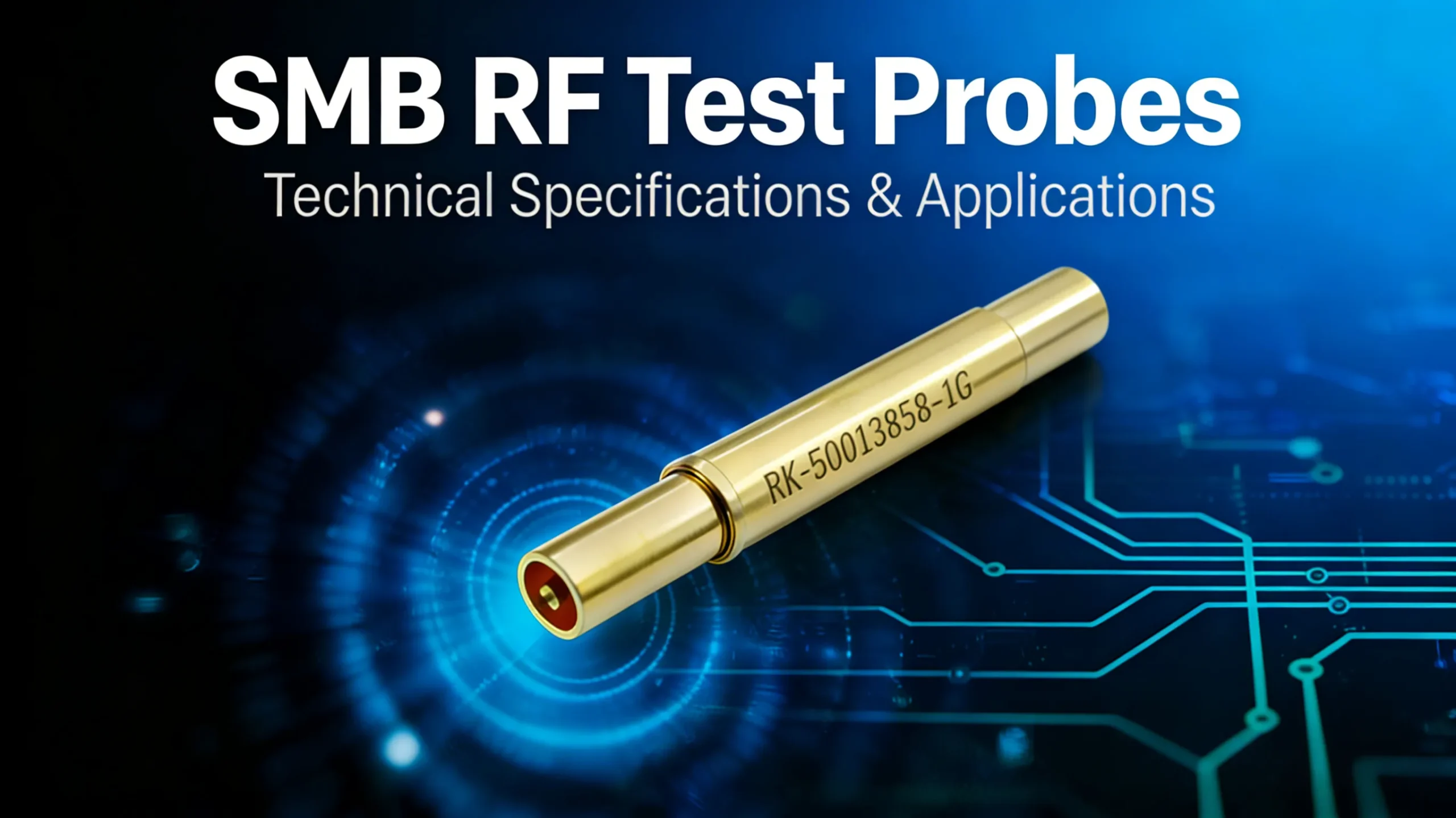 A detailed photo of an SMB-compatible RF test probe, overlaid with the title: “SMB-Compatible RF Test Probes: A Practical Guide for 6GHz Applications”.