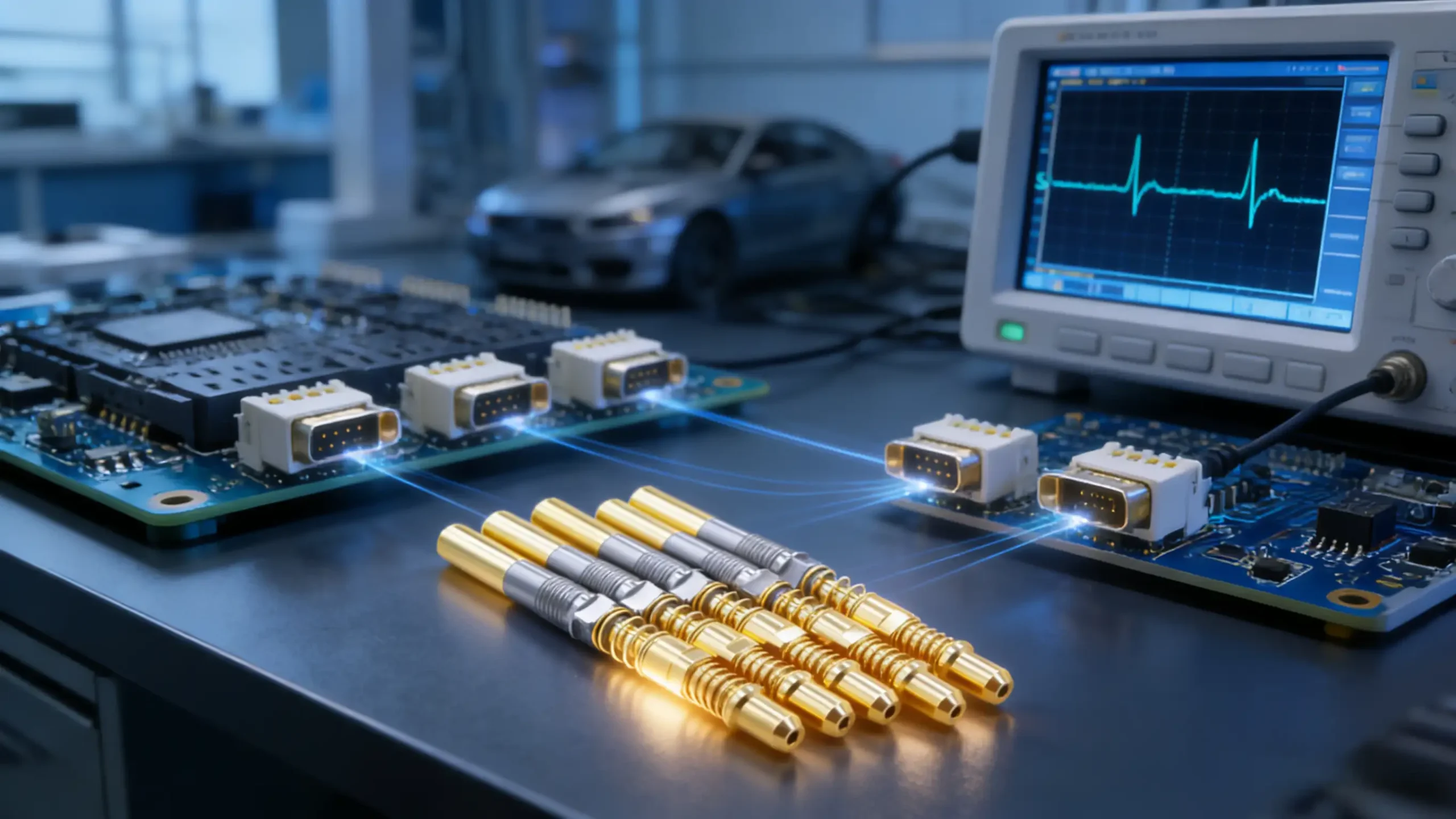 A precision high-frequency test probe being connected to a FAKRA-Mini port on an automotive electronic module in a professional lab setting, with test equipment displaying RF signal analysis in the background.